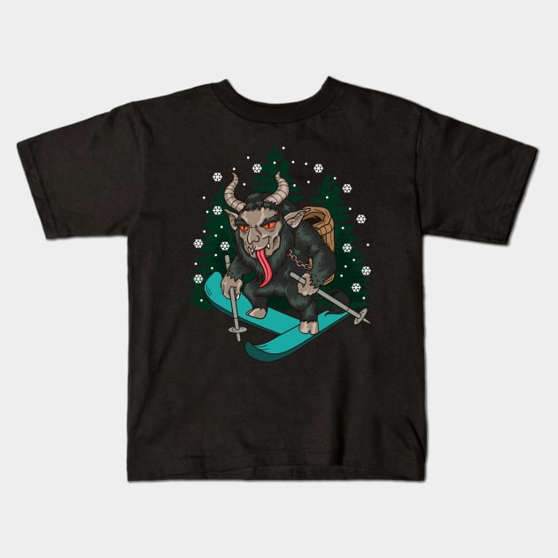 Krampus Skiing Christmas Kids T-Shirt by E